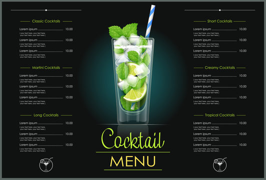 Mojito glass. Cocktail menu concept design for alcohol bar.
