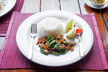 Thai stir-fried pork and basil served with rice