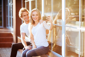 Selfie with Smartphone, Happy Young Couple