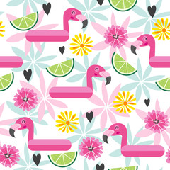 Seamless pattern with pink flamingo and tropical flowers