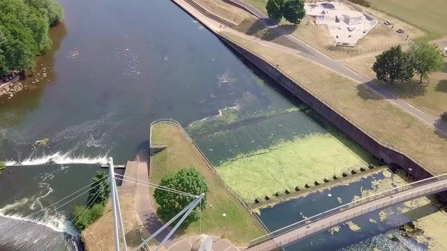 Fly by of the River Exe bridge and a skate park in Exeter, UK
