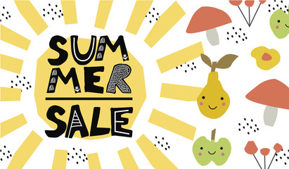 Summer sale banner with sun and fruits.