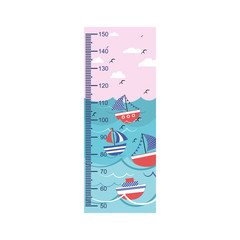 Growth meter,  children's height measurement, ships in the sea. Vector illustration.