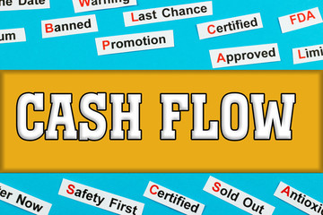 Cash Flow tags word cloud concept. Logo banner on color texture