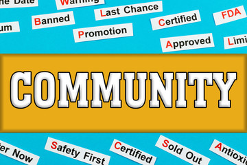 Community tags word cloud concept. Logo banner on color texture