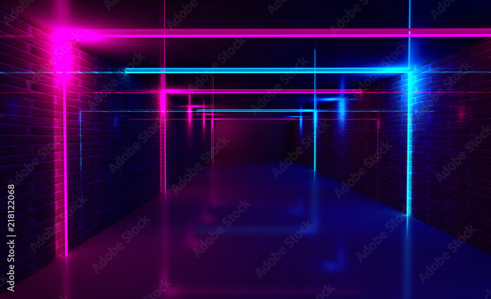 Poster background of an empty black corridor with neon light. abstract background with lines and glow