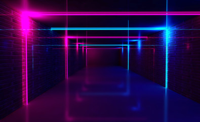 Background of an empty black corridor with neon light. Abstract background with lines and glow