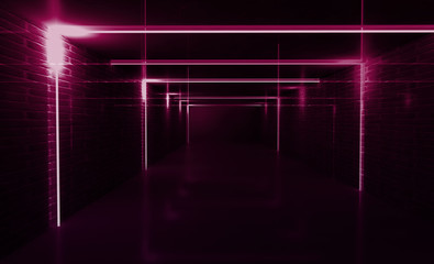 Background of an empty black corridor with neon light. Abstract background with lines and glow