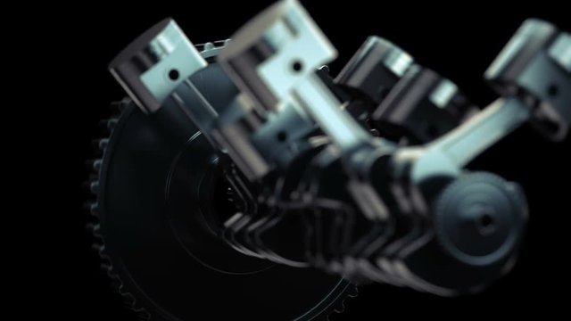 V8 motor with working pistons and crankshafts inside camera fly through