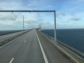 The Oresund bridge between Denmark and Sweden. Driving from Sweden to Denmark.  Bridge on the sea ,architecture landscape in sweden