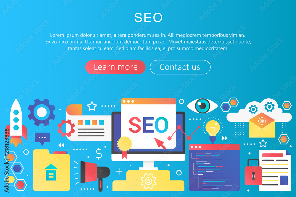 Aufkleber Vector trendy flat gradient color seo optimization concept template banner with icons and text.