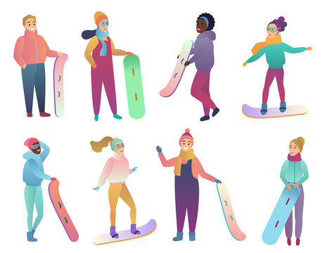 Group of cartoon snowboarders. People with snowboards. Trendy gradient flat color vector illustration. Winter active sport leisure.
