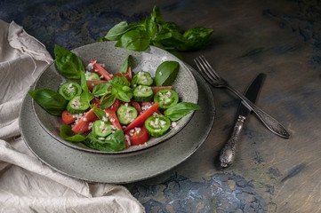 Vegetable salad of red and green tomatoes with basil leaves.
