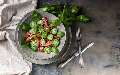 Vegetable salad of red and green tomatoes with basil leaves. Top view