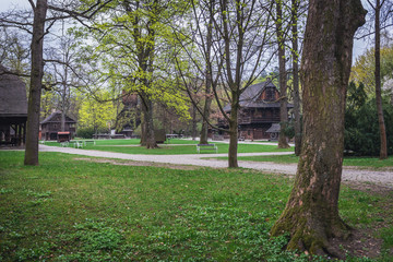Fototapeta na wymiar Wooden building from Wallachia region in a park in Roznov pod Radhostem, small town in Czech Republic