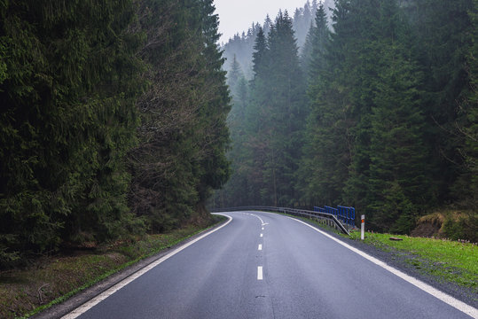 Road among old woods in Moravian-Silesian Beskids mountain range in the Czech Republic