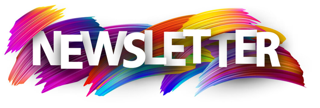 Newsletter banner with colorful brush strokes.