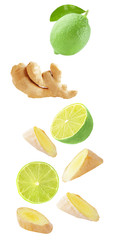 Flying lime and ginger isolated on white