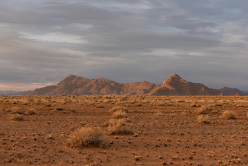 Early morning light lighting up mountains and grass in desert countryside, Namibia