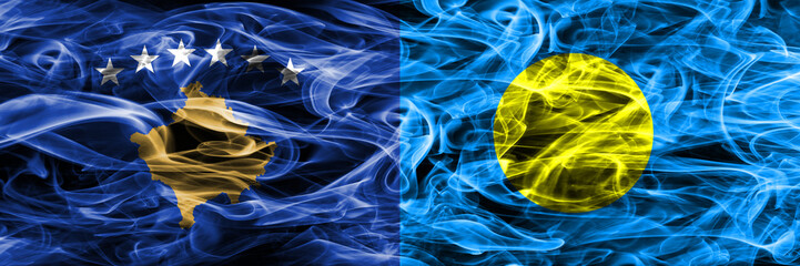 Kosovo vs Palau smoke flags placed side by side