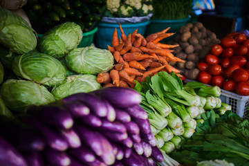 Autumn organic vegetables. Bio, healthy food. Close up of freshly, seasonal harvested vegetables. Agriculture products with blur background. Tomatoes, aubergines, cabbage, cucumbers.