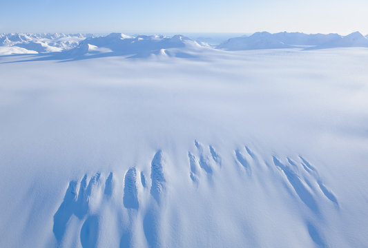 An winter aerial view from above the Harding Icefield near Seward, Alaska
