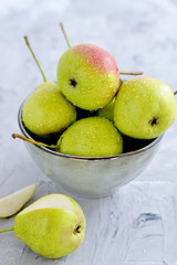 Healthy Organic Pears in Bowl Gray Background Autumn Harvest
