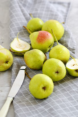 Healthy Organic Pears in Bowl Gray Background Autumn Harvest