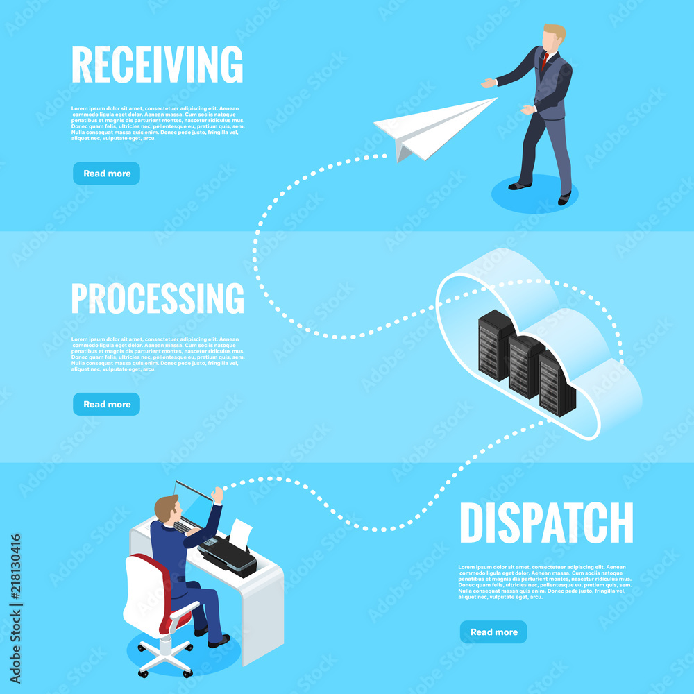 Poster isometric image, a man in a business suit stands in the cloud and catches a message in the form of a