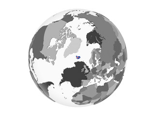 Iceland with flag on globe isolated