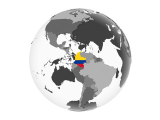 Colombia with flag on globe isolated
