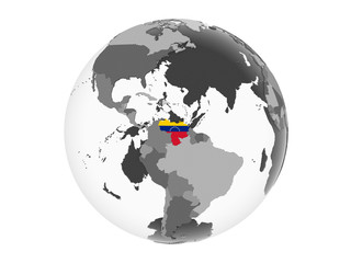 Venezuela with flag on globe isolated