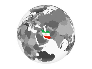 Iran with flag on globe isolated