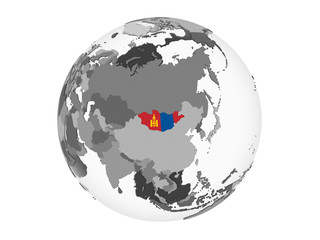 Mongolia with flag on globe isolated