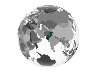 Pakistan with flag on globe isolated