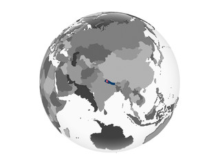 Nepal with flag on globe isolated