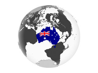 Australia with flag on globe isolated