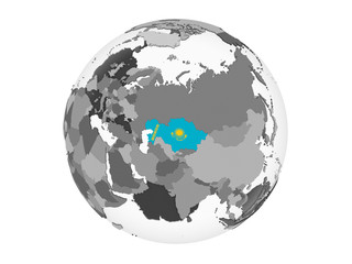 Kazakhstan with flag on globe isolated