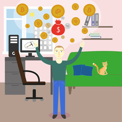 Cryptocurrency bitcoin mining concept. Young caucasian investor standing with raised hands under bitcoin coins rain.Young man in front of computer in his room. Vector cartoon illustration.