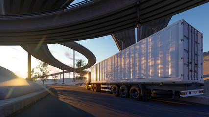 Obraz premium Semi Trailer Truck Moving Under Curved and Straight Bridges