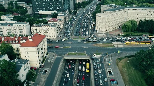 Aerial rising shot of big traffic jam in the city