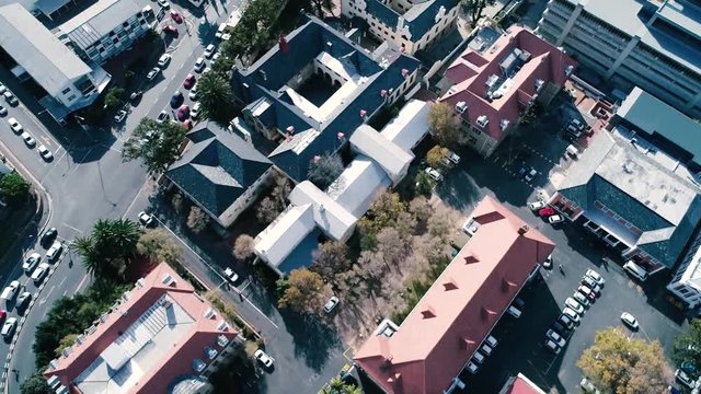 Drone skyview of Cape Town, Table Mountain, Devil's pick, UCT colleges, streets, cars, rush hour, shoot with Phantom 4 pro in 2018 South Africa