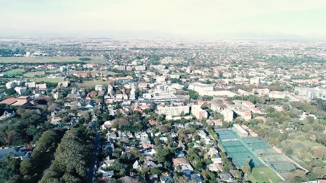 Drone skyview of Cape Town, Table Mountain, Devil's pick, UCT colleges, streets, cars, rush hour, shoot with Phantom 4 pro in 2018 South Africa