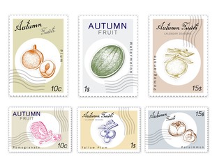 Autumn Fruits, Post Stamps Set of Hand Drawn Sketch Watermelon, Pomegranate, Kaki or Persimmon, Plum and Tallow Plum in Trendy Origami Deep Paper Art Carving Style. 