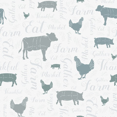 Seamless Vector Modern Farmhouse Cow, Chicken, and Pig Pattern with Swirly Script Text