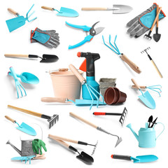 Set of different gardening tools on white background