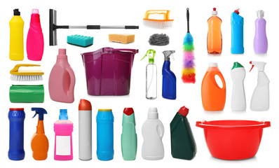 Set of different cleaning supplies in white background