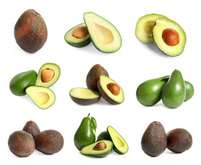 Set with whole and sliced avocados on white background