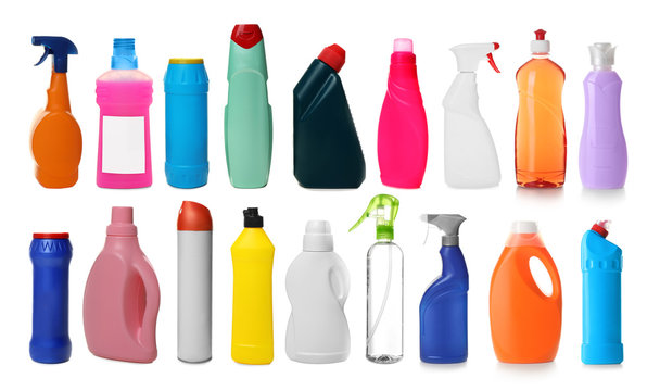 Set of different cleaning supplies in white background