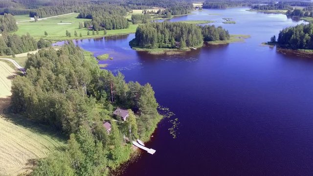 Moving drone shot of cottages at lake Pielinen Finland